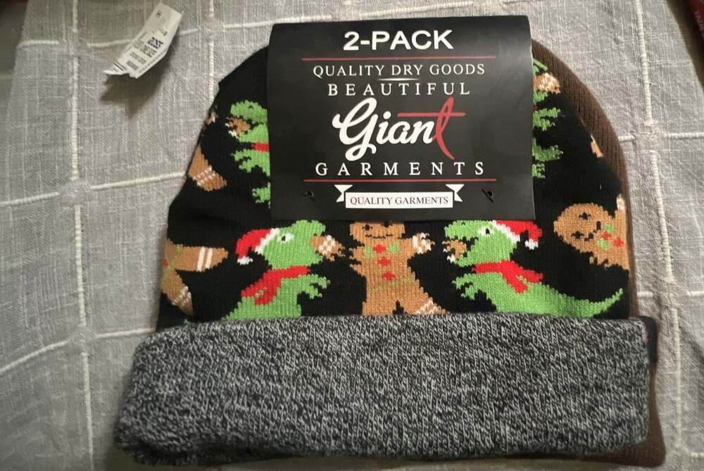 Giant Garments 2-Pack Christmas Beanie Set Dino Gingerbread Man Brown